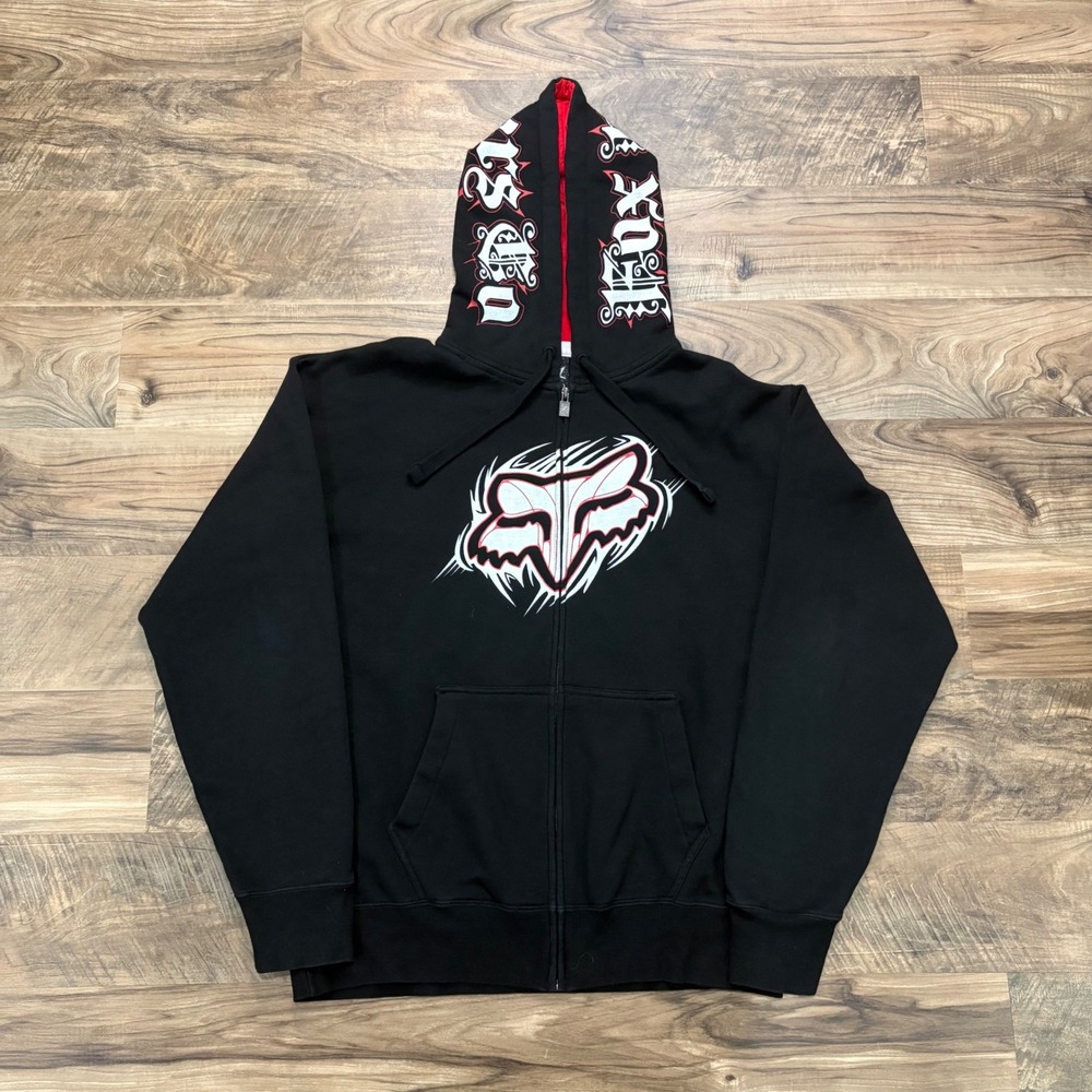 Vintage Y2K Fox Racing Hoodie Mens XL Black Zip Up Gothic Script Motocross Logo